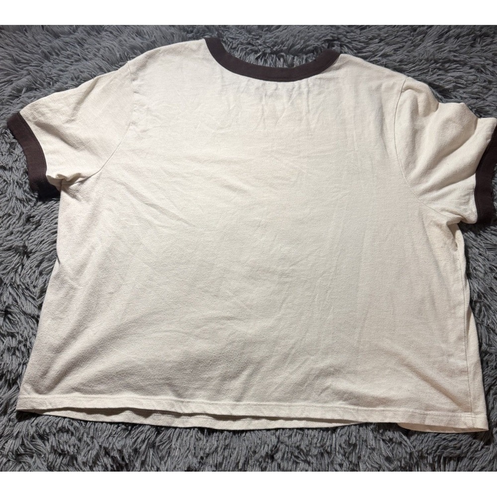 Disney Minnie Mouse Ringer T-Shirt Cream Brown Distressed Graphic Crop Top - Picture 2 of 6